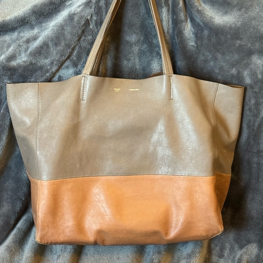 Celine Two-Tone Leather Tote in Gray and Tan